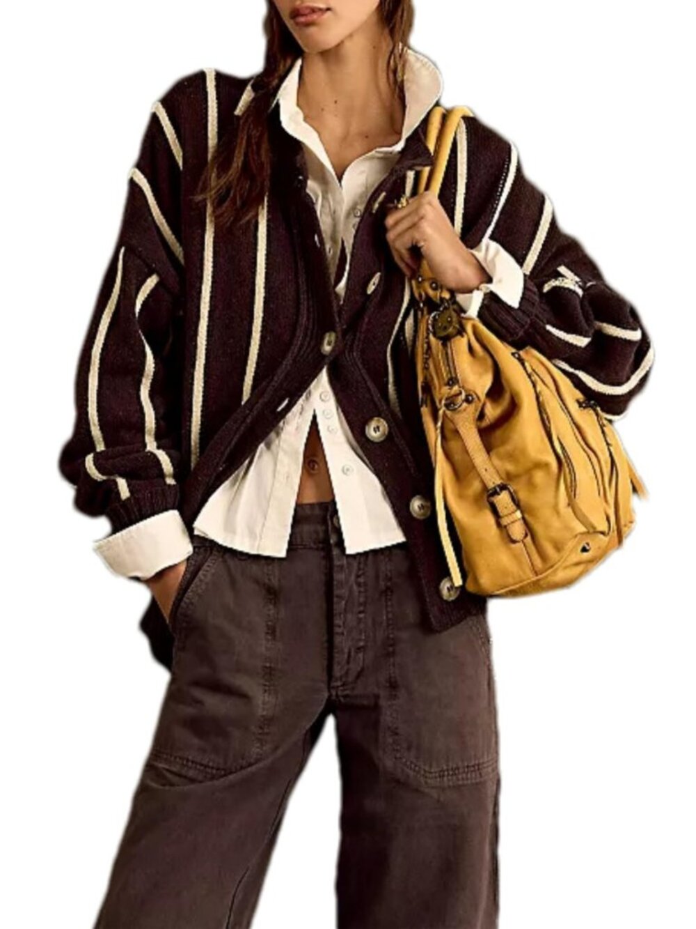 Women's Striped Cardigan Sweaters Casual Long Sleeve Open Front Button Up Knit